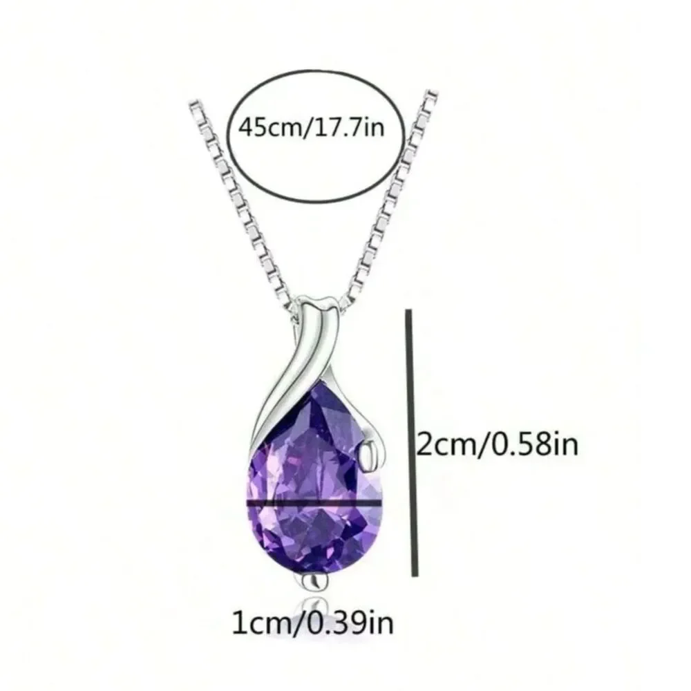 Silver Teardrop Amethyst Purple Crystal Pendant Necklace Gemstone Charm Elegant